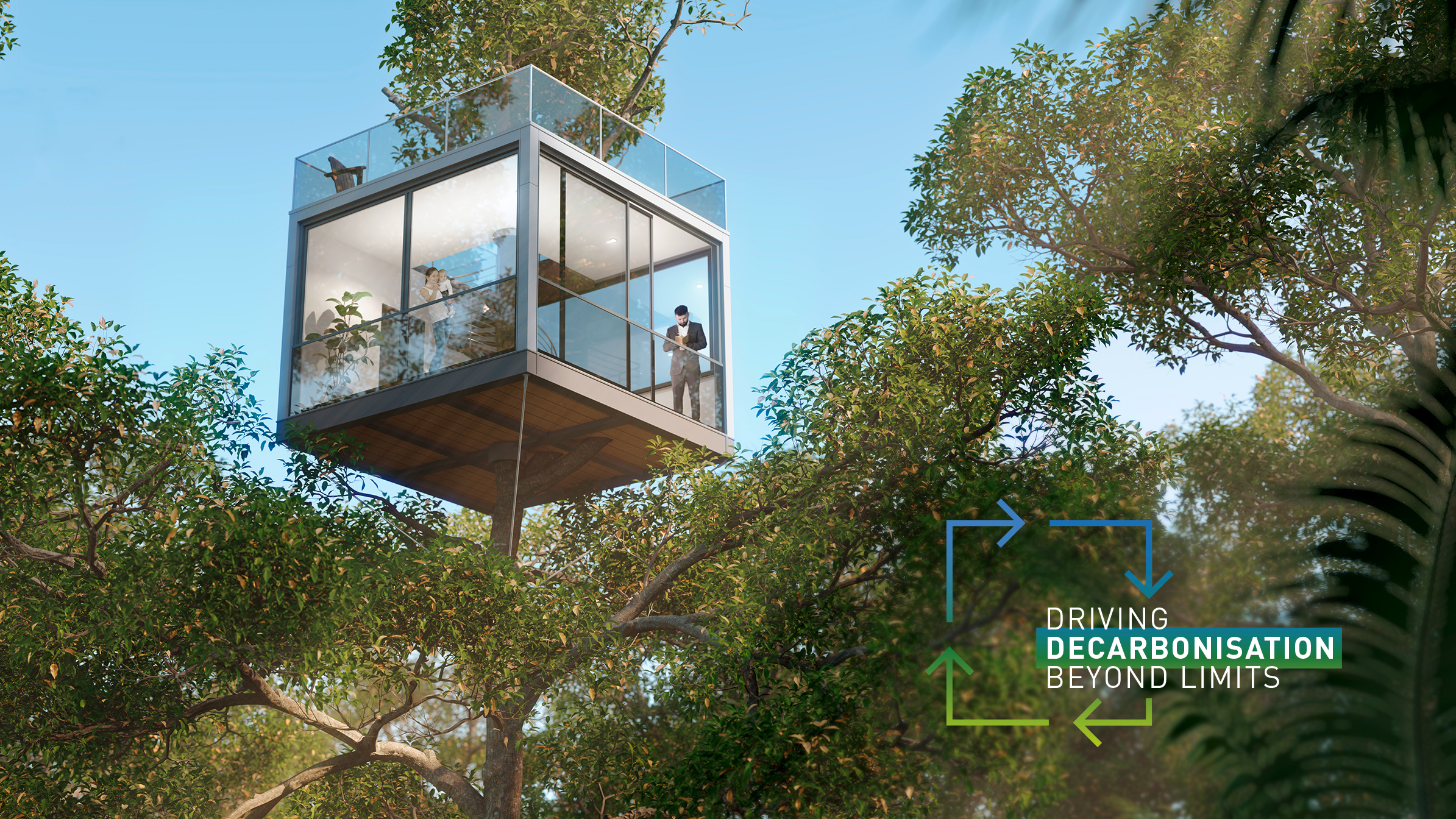 There is a blue sky with some trees either side of the image. There is a glass box in the trees with some people inside. 